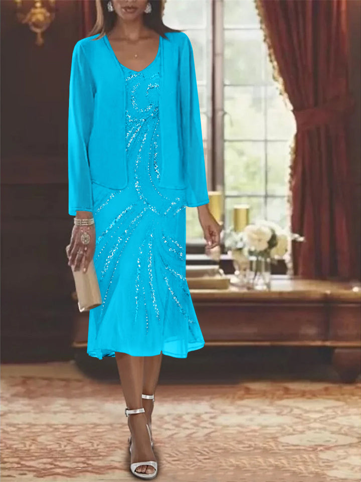 2-Piece V-Neck Chiffon Mother of the Bride Dress Set with Knee-Length Jacket  and