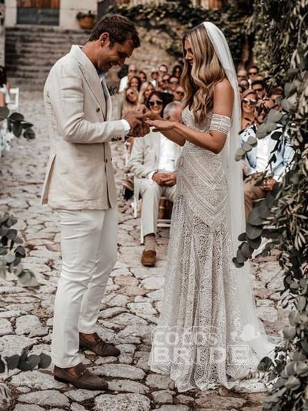 Bmbride Ivory Lace Beach Wedding Dresses Sweetheart Neck Rustic Boho Wedding Dresses