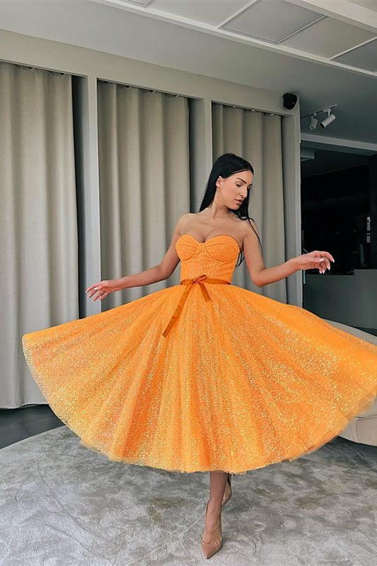 Short Evening Dress Sequins With Belt - Orange Sweetheart