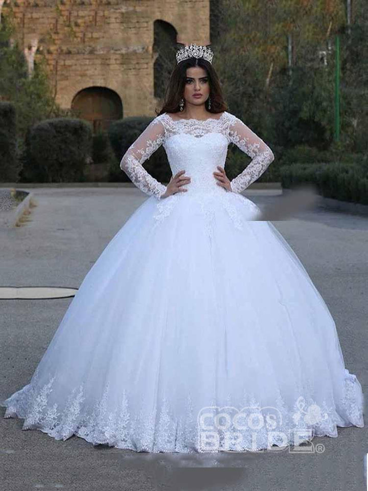 Bmbride Wedding Dresses with Long Sleeves and Lace Appliques