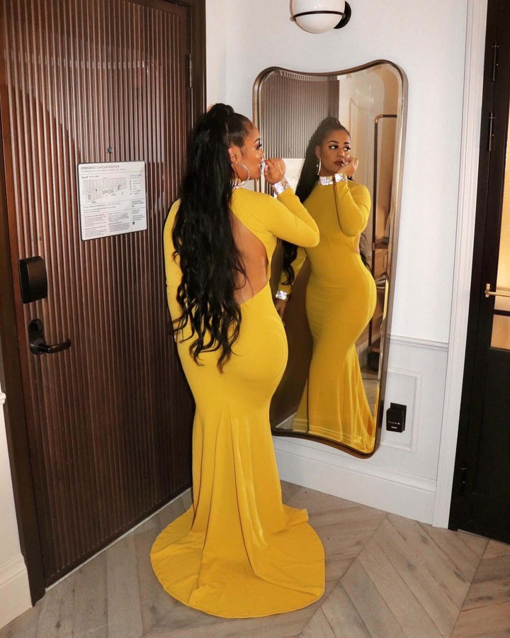 Red Long Sleeve Open Back Mermaid Prom Dress