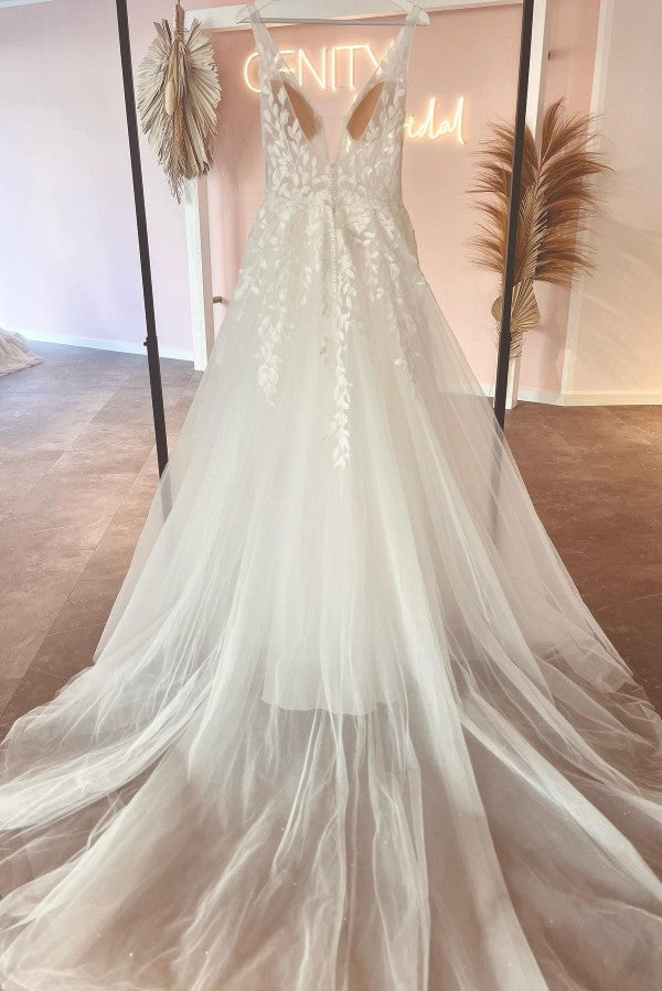 Bmbride Long Boho A-line V-neck Tulle Lace Backless Wedding Dresses