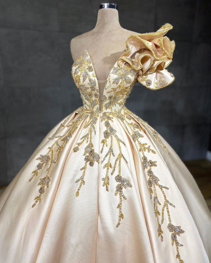 Bmbride A-Line Sweetheart Crystal Satin Ruffles Floor-length Wedding Dress