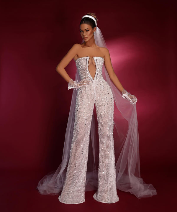 Koscy Sexy Strapless Sleeveless White Sequins Jump Suit With Gloves