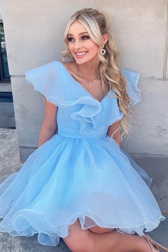 Koscy A Line V Neck Organza Ruffles Homecoming Dress