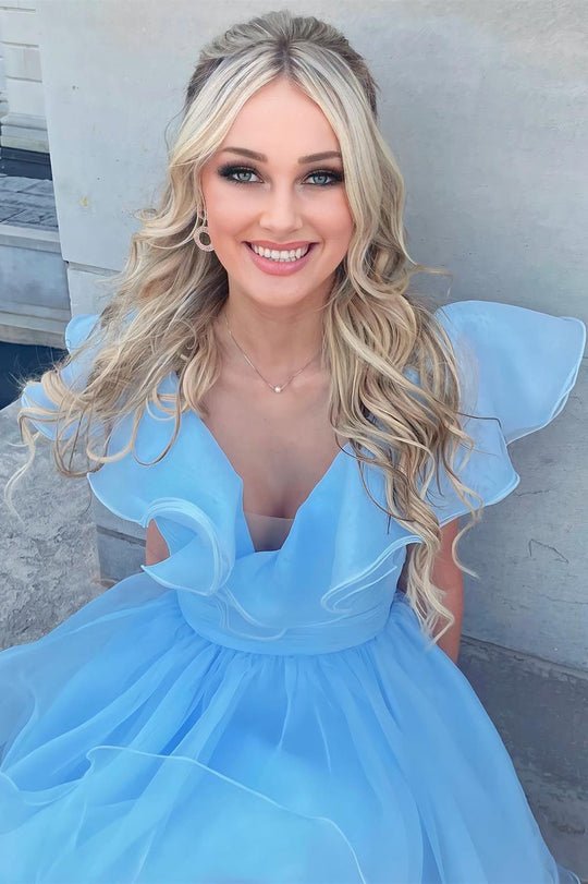 Koscy A Line V Neck Organza Ruffles Homecoming Dress