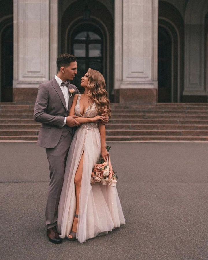 Bmbride Long A-line V-neck Tulle Appliques Lace Wedding Dress with Slit Boho Style