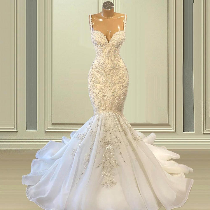 Bmbride Long Mermaid Sweetheart Wedding Dress with Spaghetti Straps Sequins and Beading