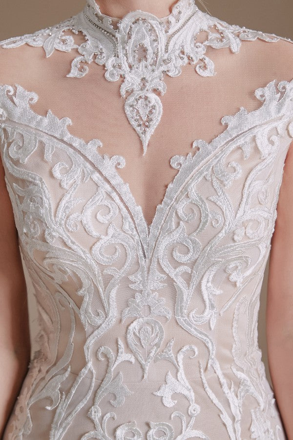 Bmbride Long Sleeve Vintage Lace High-neck Mermaid Wedding Dress