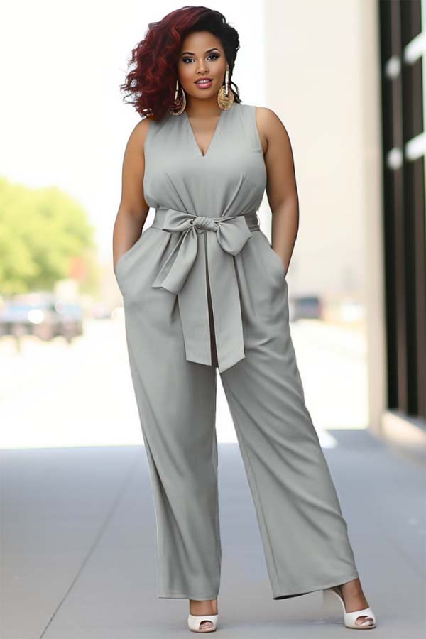 Koscy Pool Blue V-Neck Sleeveless Jump Suit With Bow Belt