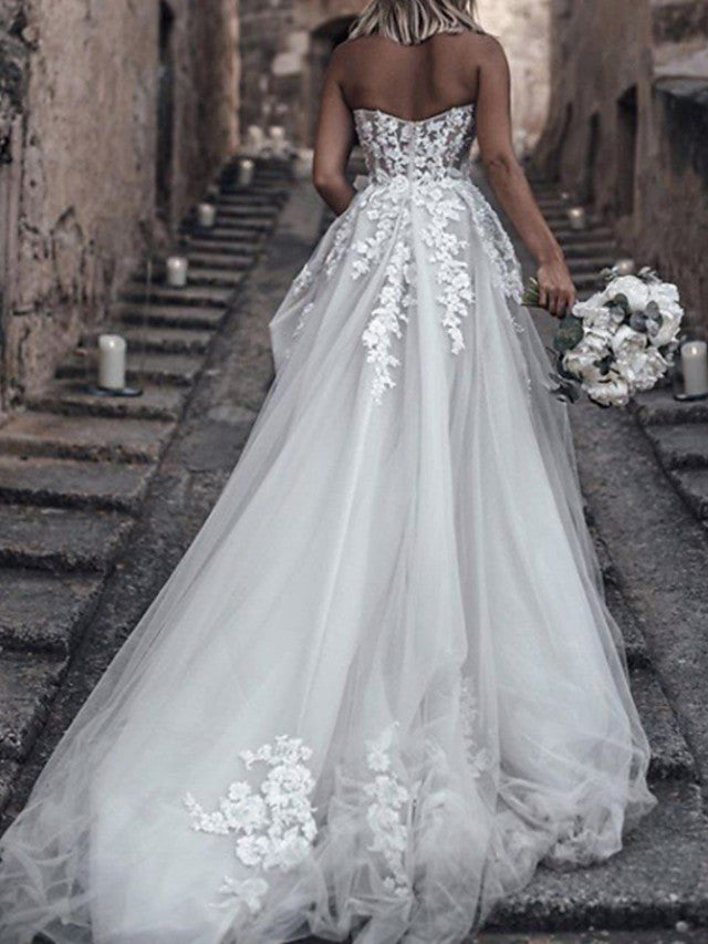 Bmbride Sweep \ Brush Train Lace Tulle Sleeveless Sexy A-Line Wedding Dresses Strapless