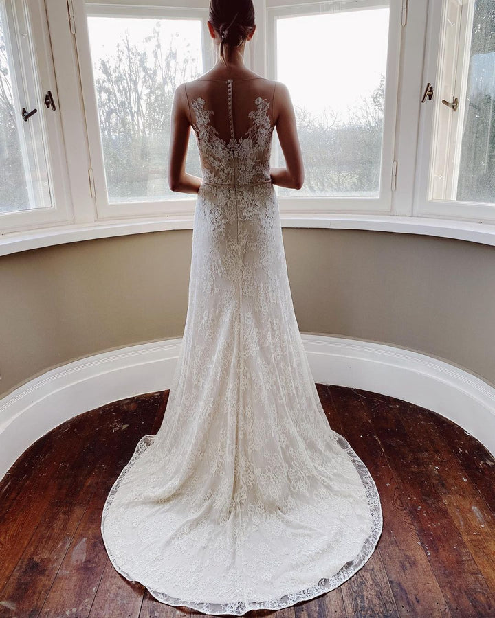 Bmbride Bateau Appliques Lace Floor-length Mermaid Wedding Dress With Pearl Sash