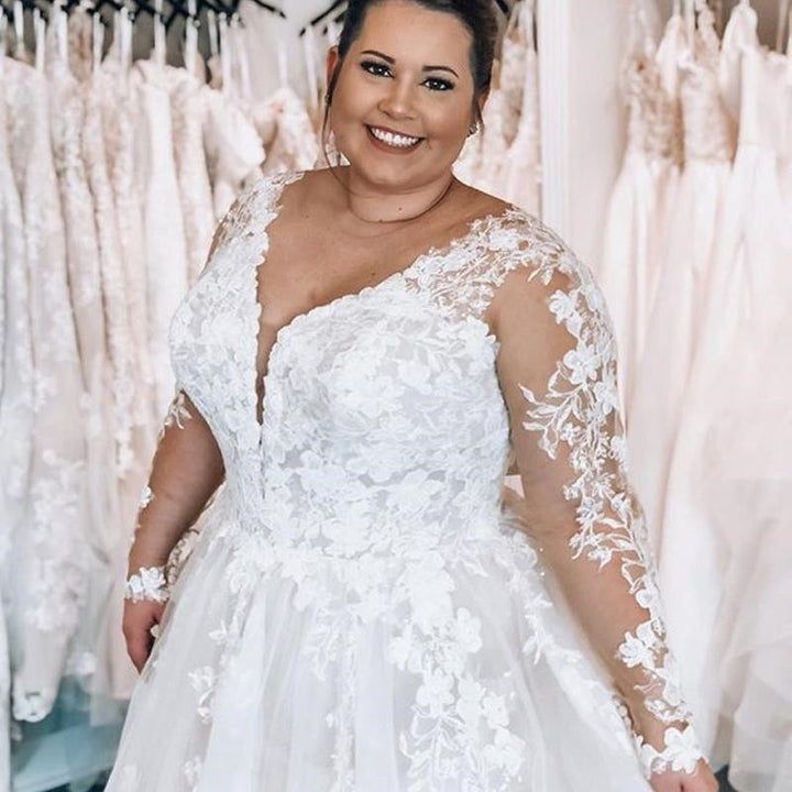 Bmbride Elegant Plus Size Long A-line V-neck Tulle Lace Wedding Dresses with Sleeves