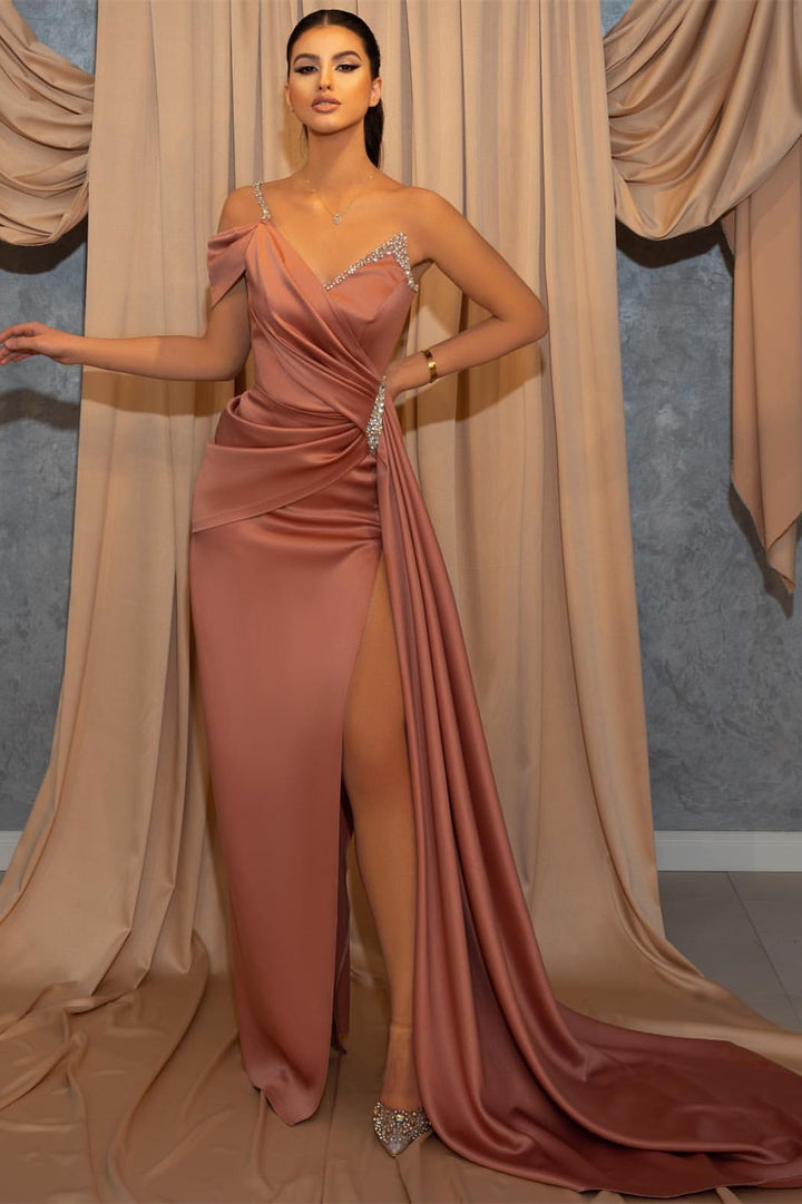 V-Neck Spaghetti-Straps Beads Mermaid Slit Prom Dress With Ruffles