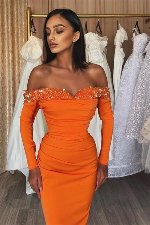 Orange Off-The-Shoulder Long Sleeves Strapless Mermaid Prom Dress with Sequins