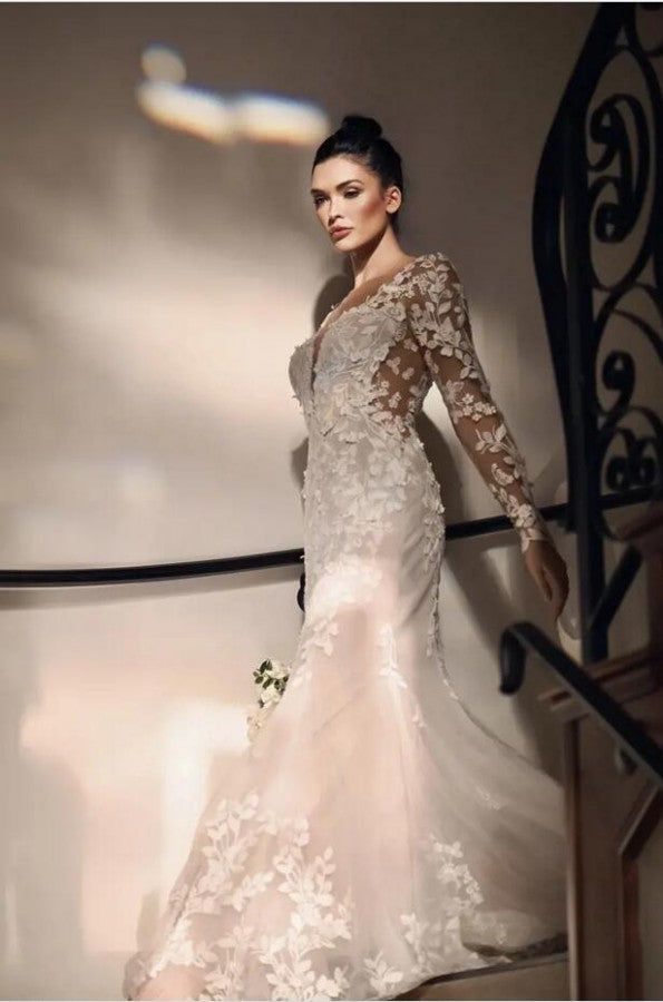 Bmbride Long Mermaid Sweetheart Tulle Lace Wedding Dresses with Sleeves