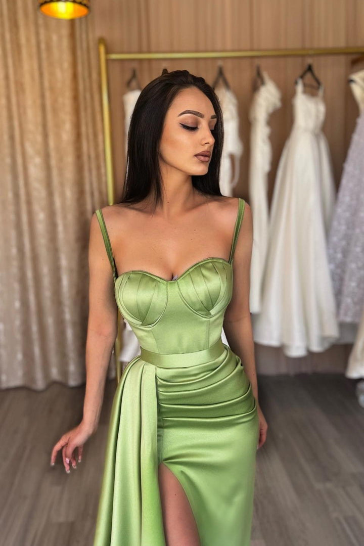 Mermaid Evening Dress With Split - Sage Spaghetti-Straps Sweetheart