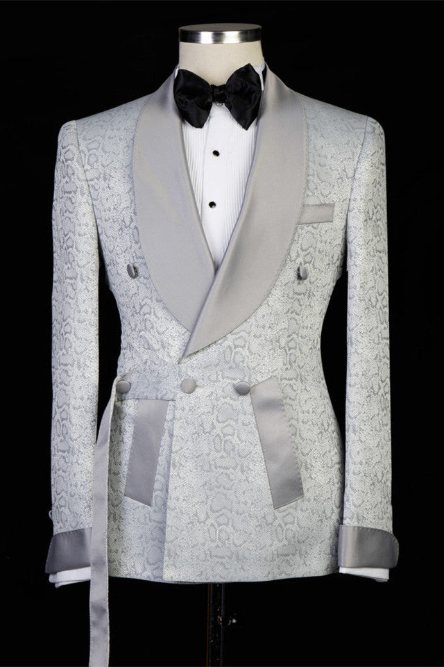 Koscy Braiden Silver Shawl Lapel Double-Breasted Jacquard Wedding Suit