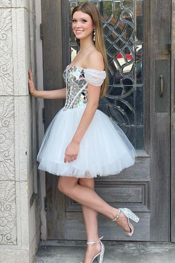 Koscy White Off-the-Shoulder Short Party Dress with Cut Glass Mirrors