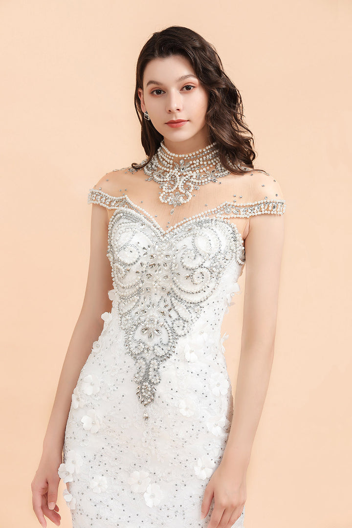 Bmbride Crystal Beads Tulle Mermaid Wedding Dress with Appliques