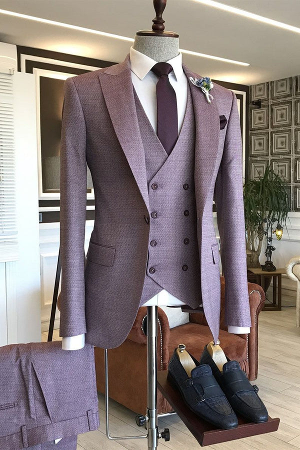 Koscy Purple One-Button Groomsmen Outfit with Small Plaid and Peaked Lapel