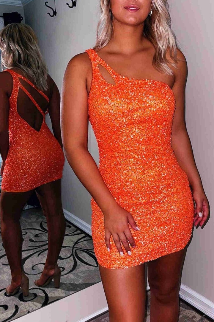 Koscy Sparkly Bodycon One Shoulder Sequins Short Homecoming Dress with Keyhole