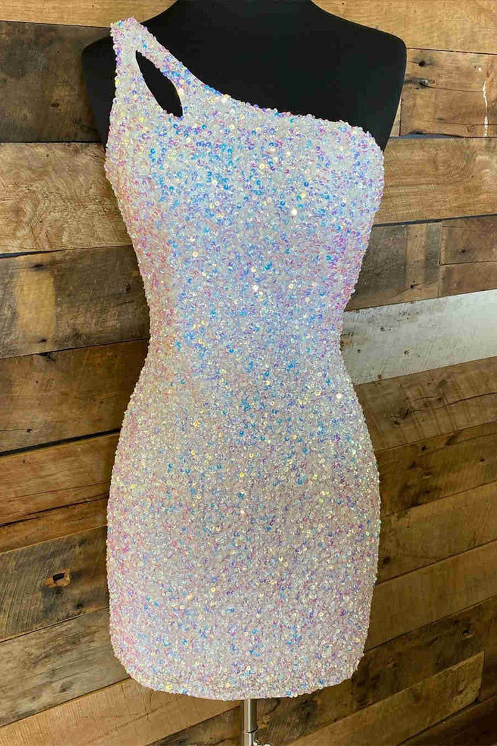 Koscy Sparkly Bodycon One Shoulder Sequins Short Homecoming Dress with Keyhole