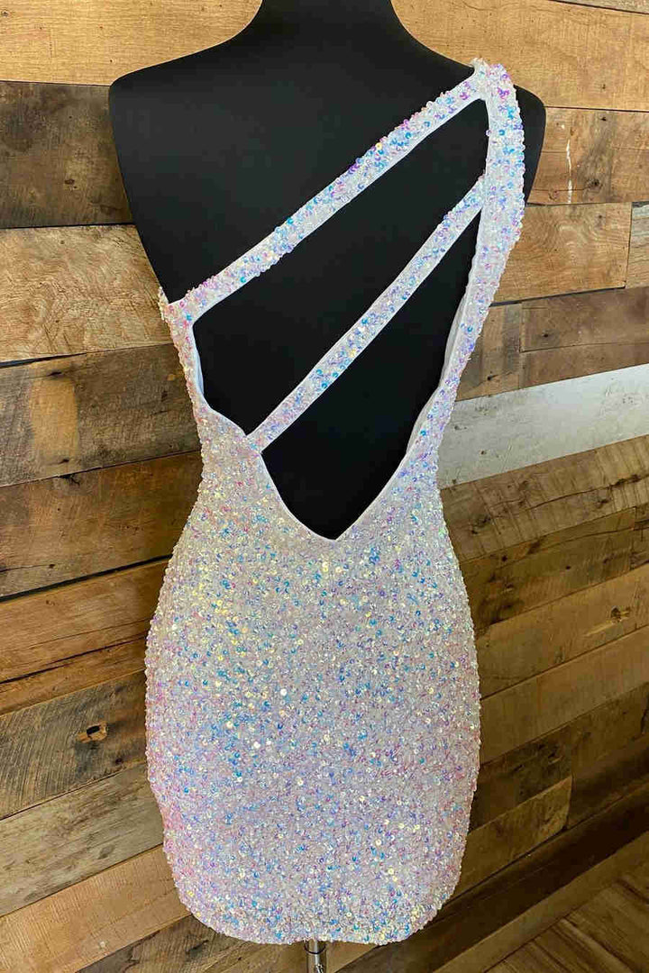 Koscy Sparkly Bodycon One Shoulder Sequins Short Homecoming Dress with Keyhole