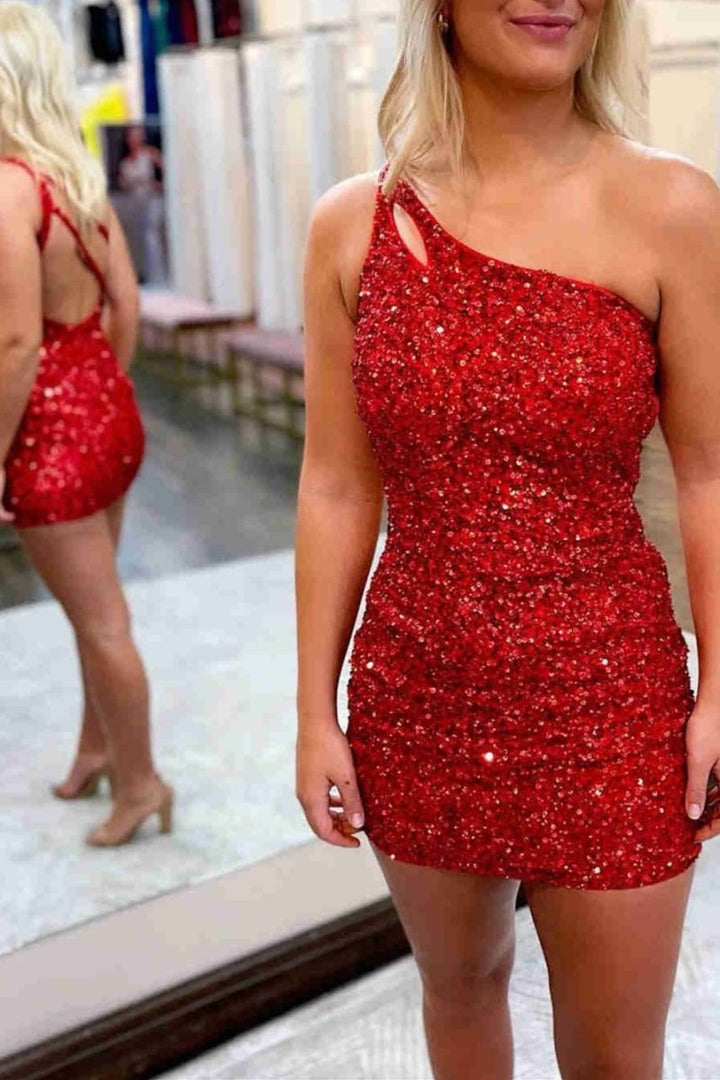 Koscy Sparkly Bodycon One Shoulder Sequins Short Homecoming Dress with Keyhole