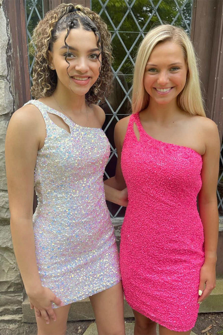 Koscy Sparkly Bodycon One Shoulder Sequins Short Homecoming Dress with Keyhole