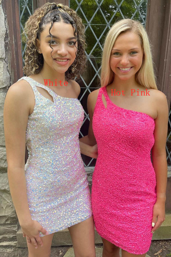 Koscy Sparkly Bodycon One Shoulder Sequins Short Homecoming Dress with Keyhole