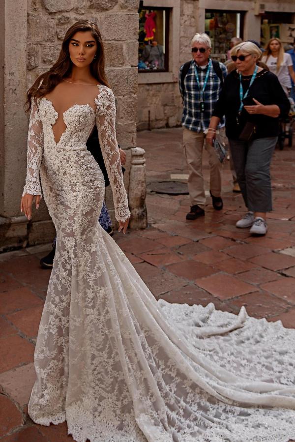 Bmbride Long Mermaid Sweetheart Tulle Lace Backless Wedding Dresses with Sleeves