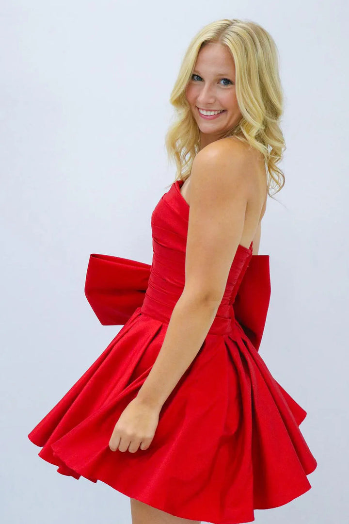 Koscy A-Line Strapless Pleated Party Dress with Bow