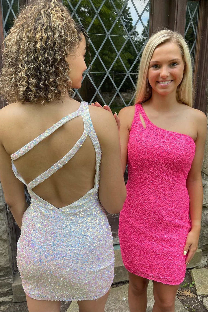 Koscy Sparkly Bodycon One Shoulder Sequins Short Homecoming Dress with Keyhole