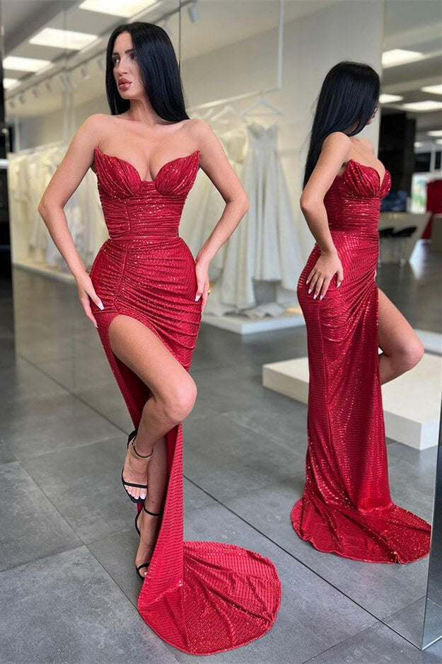 Sleeveless Burgundy Long Sequins Mermaid Prom Dress With Split