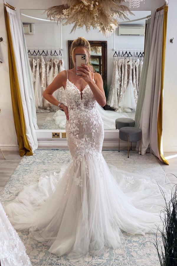 Bmbride Long Mermaid Spaghetti Straps V-neck Tulle Lace Backless Wedding Dress - Beautiful