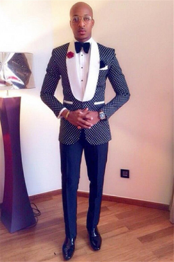 Koscy Chic Navy Blue Polka Dot Shawl Lapel Wedding Suit with One Button