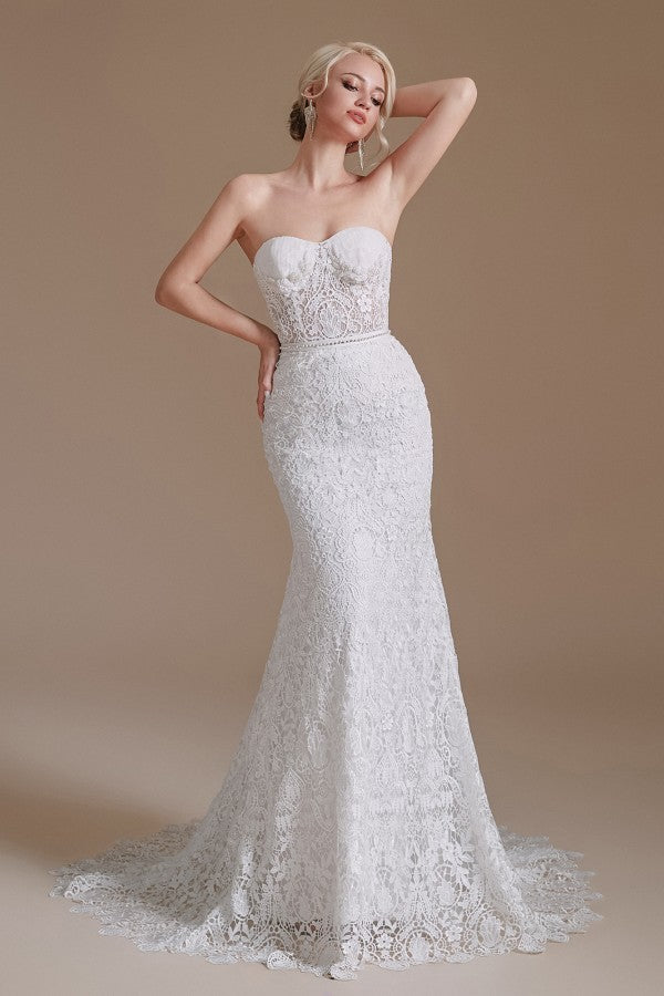 Bmbride Gorgeous Long Mermaid Sweetheart Lace Wedding Dresses with Removable Sleeves