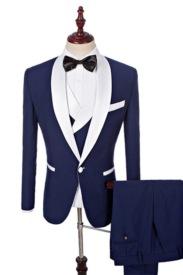 Koscy One Button Navy Blue Fashion Slim Fit, Three Pieces with White Shawl Lapel