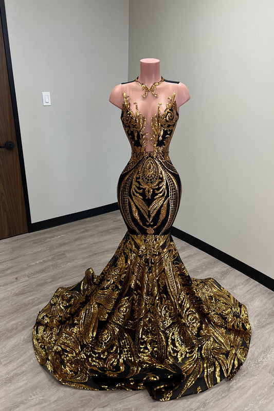 Sleeveless Sequins Mermaid Strapless Appliques Heavy Evening Dress