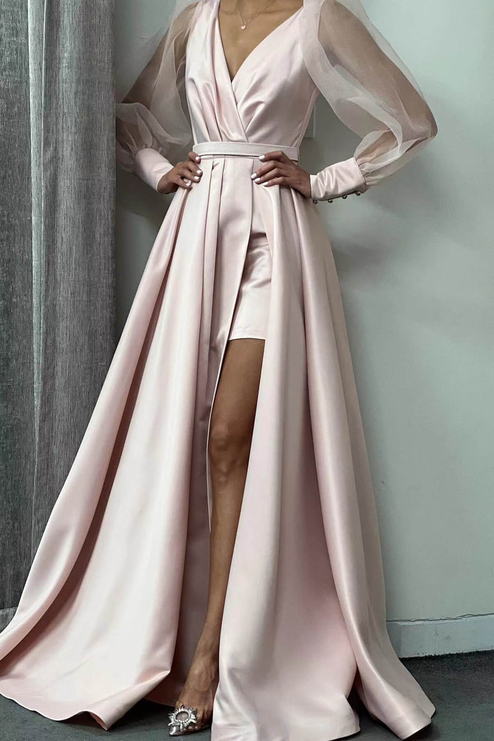 Puff Sleeves A-Line Slit Evening Dress