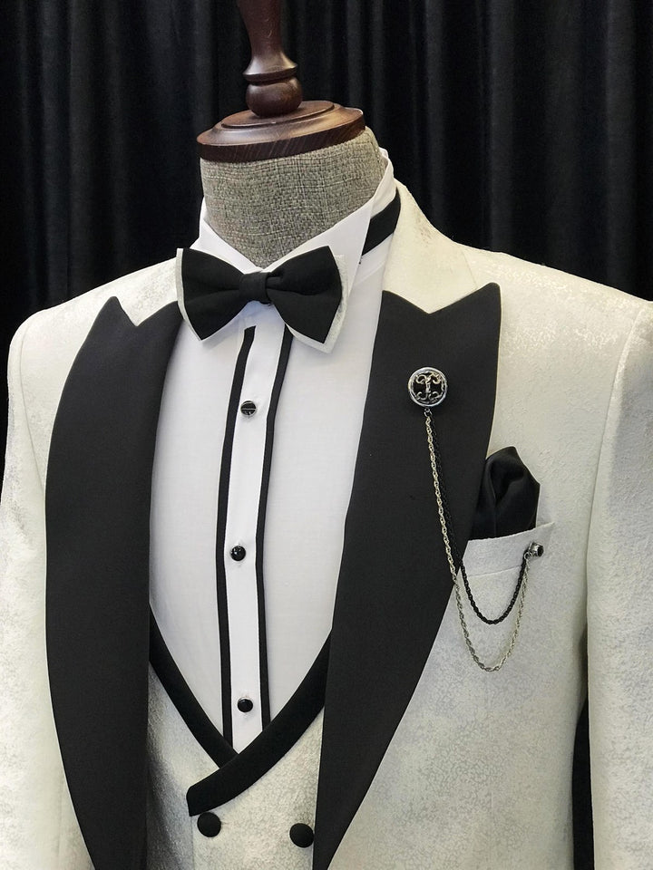 Koscy Alvin White Jacquard Three-Piece Wedding Suit with Black Peaked Lapel