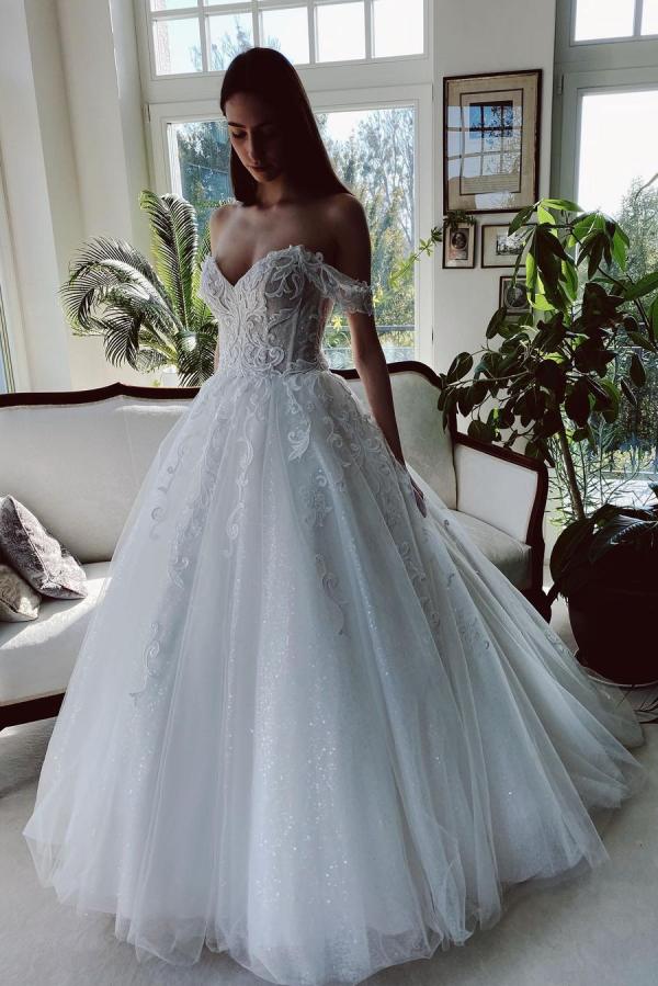Bmbride Long A-line Off-the-shoulder Tulle Wedding Dress with Glitter
