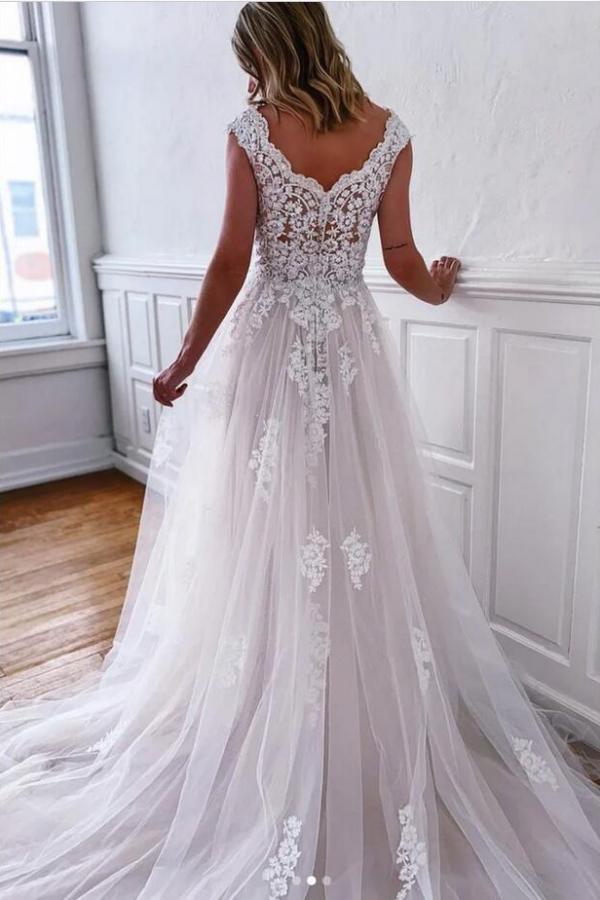 Bmbride Elegant Long A-line V-neck Sleeveless Tulle Lace Wedding Dress