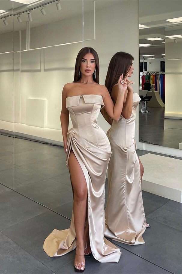 Elegant Champagne Strapless Mermaid Split Evening Dress With Pleated