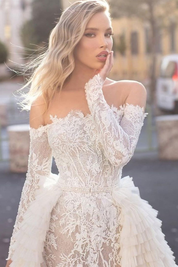 Bmbride Off the Shoulder Long Sleeves Mermaid Wedding Dress With Train