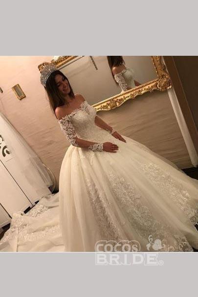 Bmbride Off the Shoulder Long Sleeve Ball Gown Chapel Train Wedding Dress