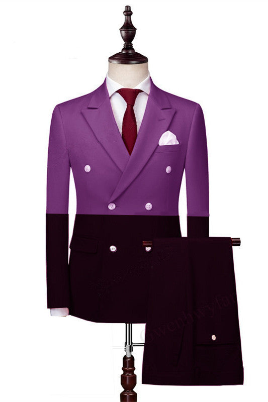 Koscy Handsome Purple and Black Double-Breasted Marriage Suit with Peaked Lapel