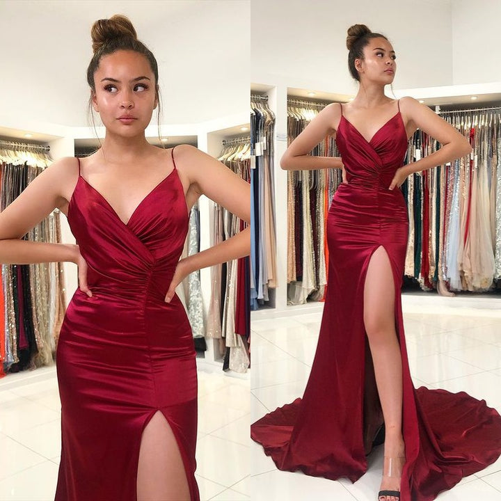 Burgundy Prom Dress Spaghetti Strap With Slit