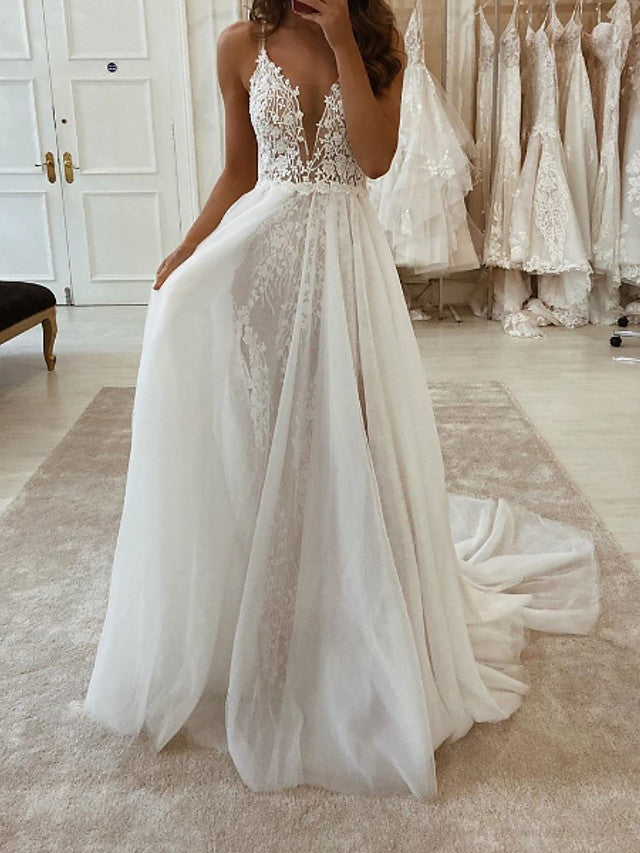 Bmbride A-Line Wedding Dresses with V Neck Spaghetti Strap Sweep Train Tulle Polyester Sleeveless Plus Size